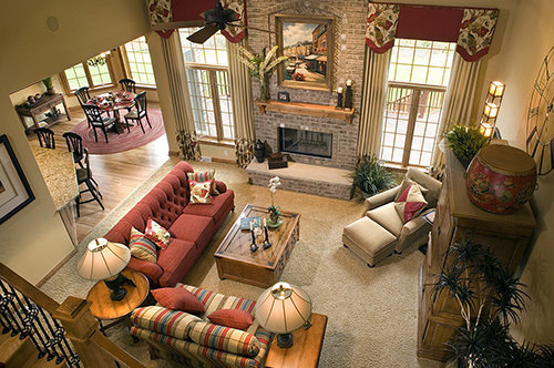 1 Rustic Furniture for Great Room Ideas with Stone Fireplace between High Windows and Cozy Couchs v2